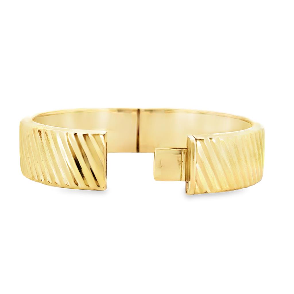 14K Yellow Gold Diagonal Texture Hinge Bangle Bracelet