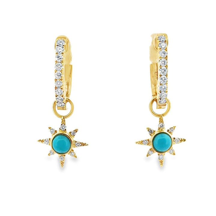 14K Yellow Gold Turquoise Sunburst Charm Huggie Earrings with Diamonds