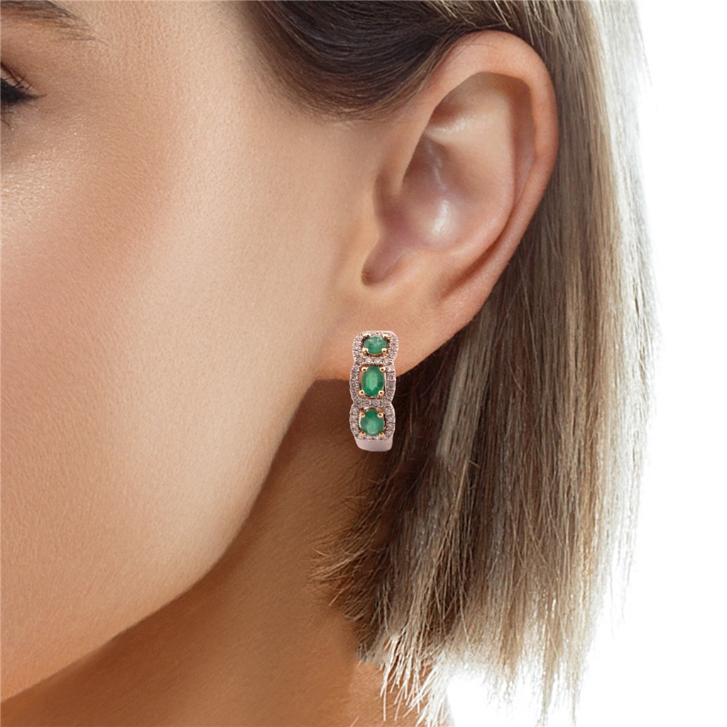 1.82 CTW Emerald and 0.71 CTW Diamond Hoop Earrings in 14K Two Tone Gold