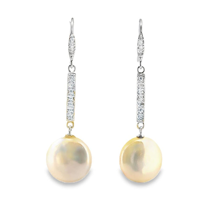 Button Pearl and 0.20 CTW Diamond 14K White Gold Drop Earrings