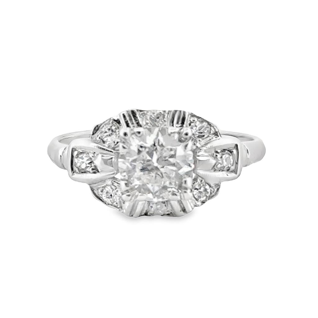 Art Deco 0.77 CT Old European Cut Diamond and 0.24 CTW Round Diamonds 18K White Gold Ring