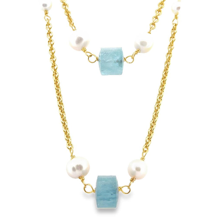 18K Yellow Gold 44" Chain Necklace with Aquamarine and Pearls