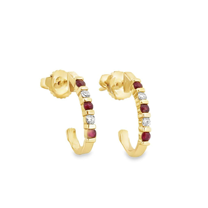 Ruby and Diamond Hoop Earrings in 14K Yellow Gold