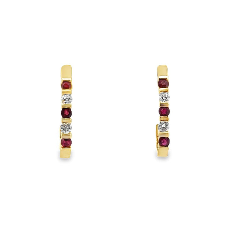 Ruby and Diamond Hoop Earrings in 14K Yellow Gold