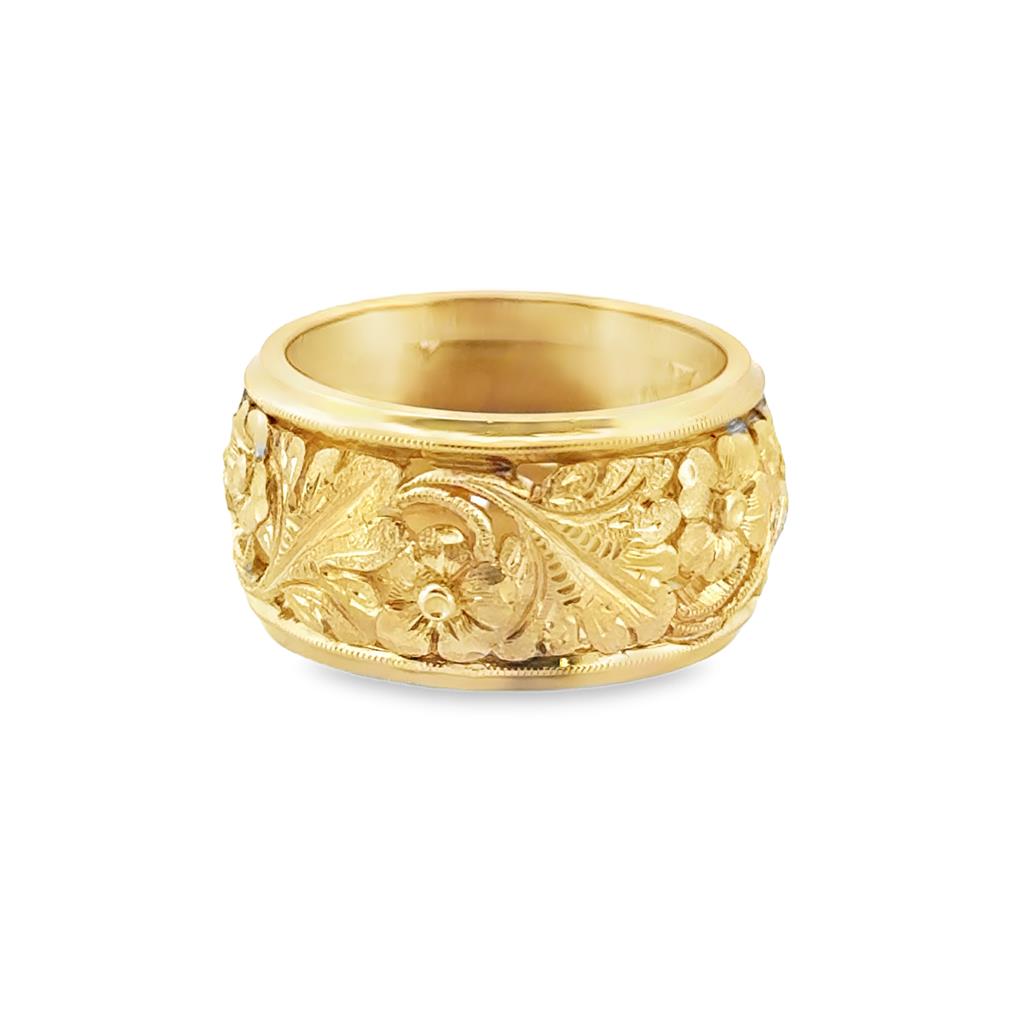 14K Yellow Gold Ornate Wide Band Ring with Leaf and Flower Details, 11mm Wide