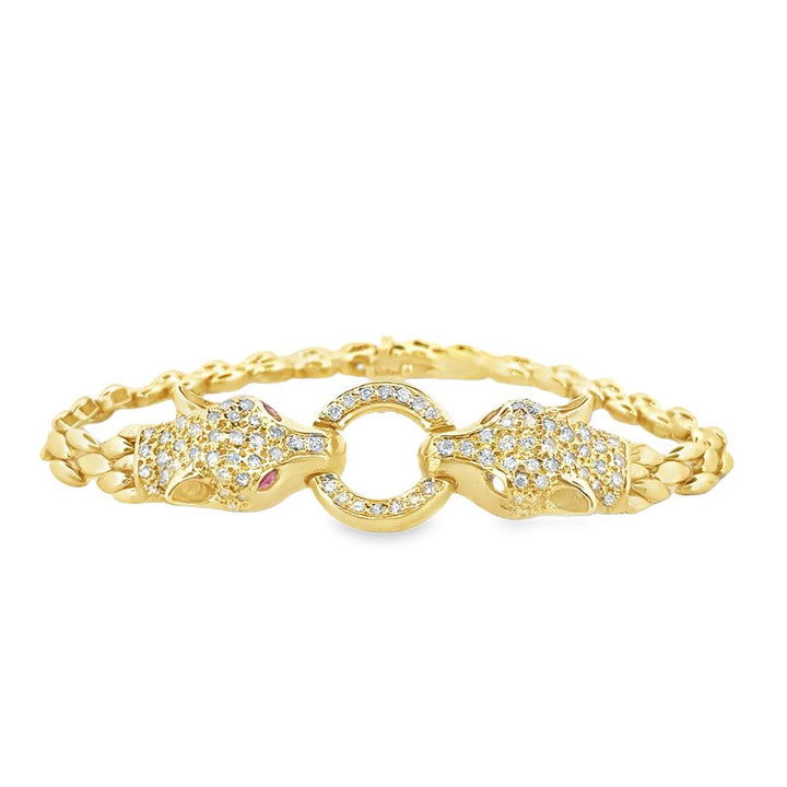 0.74 CTW Diamond Cougar Bracelet with Ruby Eyes – 14K Yellow Gold, 7 1/4"