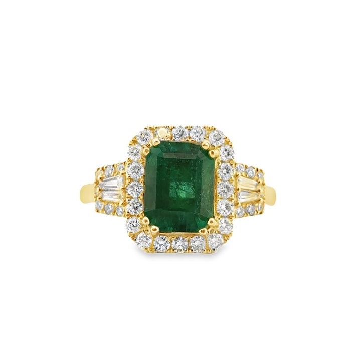 2.30 CT Emerald and 0.62 CTW Round & Baguette Diamond Halo Ring in 14K Yellow Gold