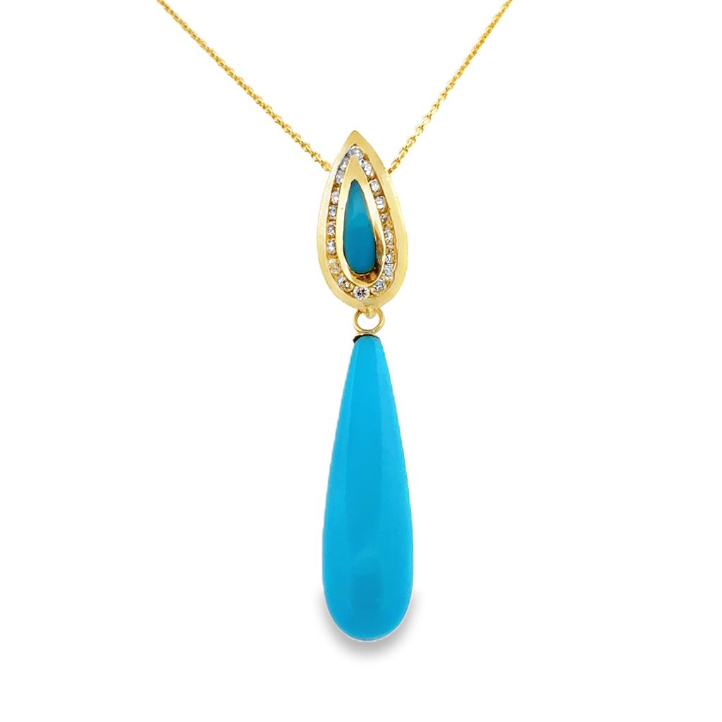 Turquoise Drop Diamond Pendant in 14K Yellow Gold