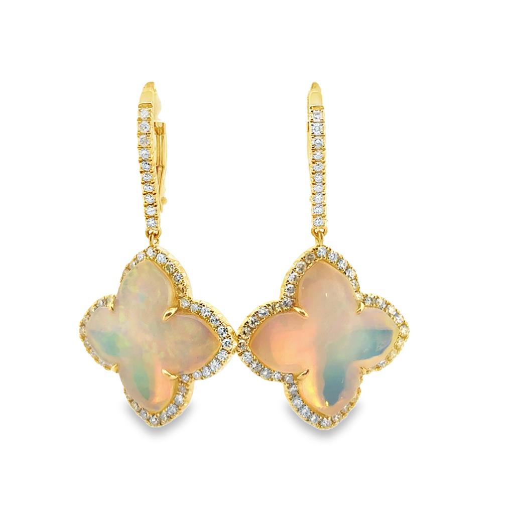 0.79 CTW Diamond and 6.81 CTW Opal Clover Dangle Earrings, 14K Yellow Gold