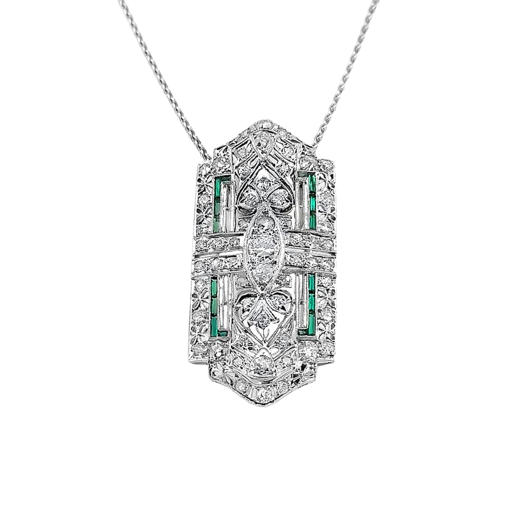 Art Deco Platinum Pin/Pendant Conversion with Diamonds and Emeralds