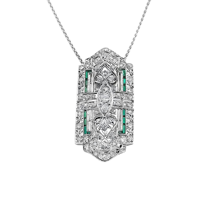 Art Deco Platinum Pin/Pendant Conversion with Diamonds and Emeralds