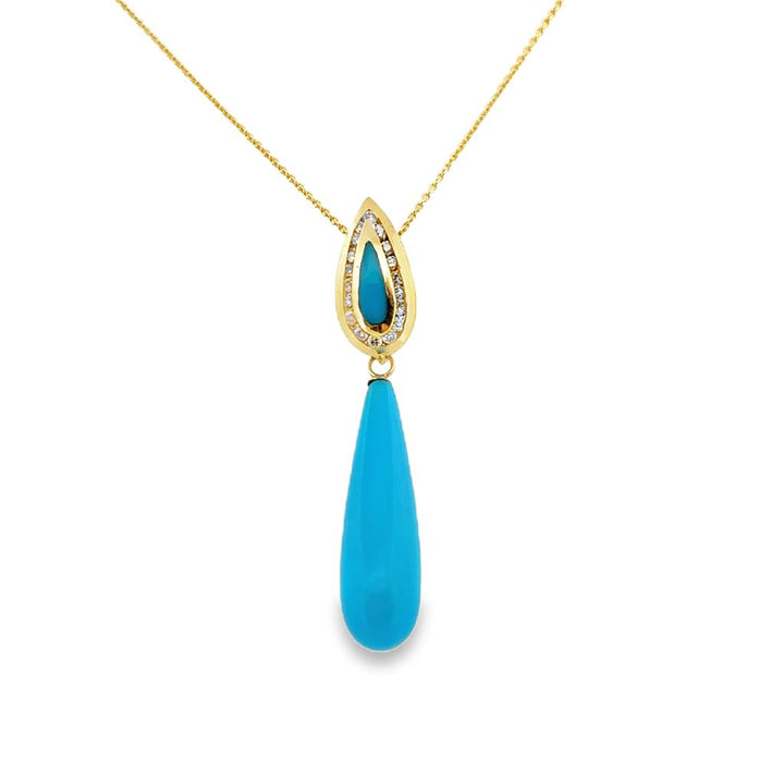 Turquoise Drop Diamond Pendant in 14K Yellow Gold