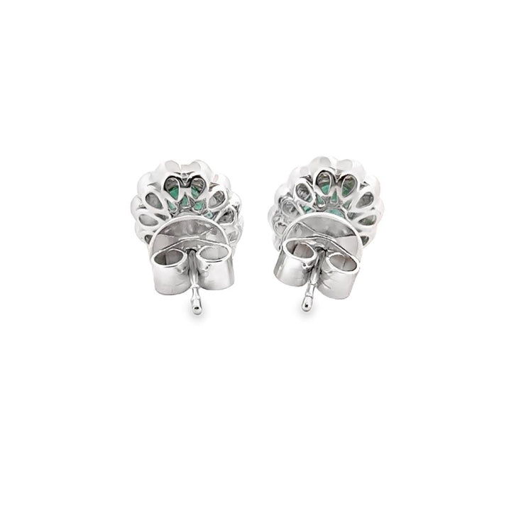 2.12 CTW Oval Cut Emerald 18K White Gold Stud Earrings with Diamond Halo