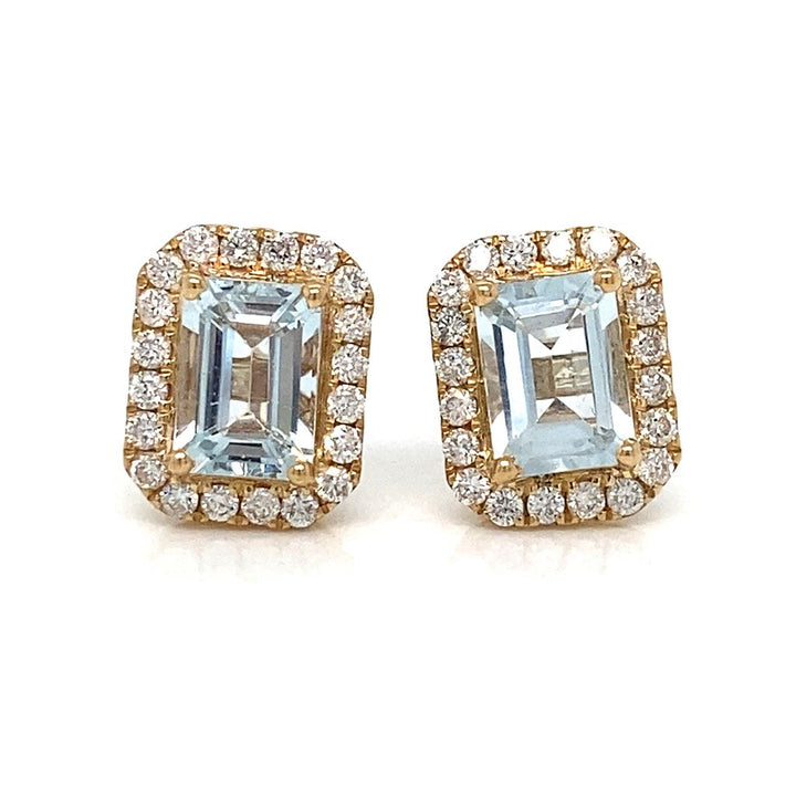 2.46 CTW Emerald-Cut Aquamarine & Diamond Halo Earrings in 14K Yellow Gold