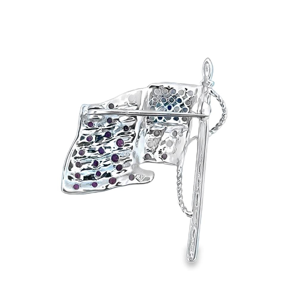 American Flag Pin with Rubies, Sapphires, and Diamonds in 14K White Gold