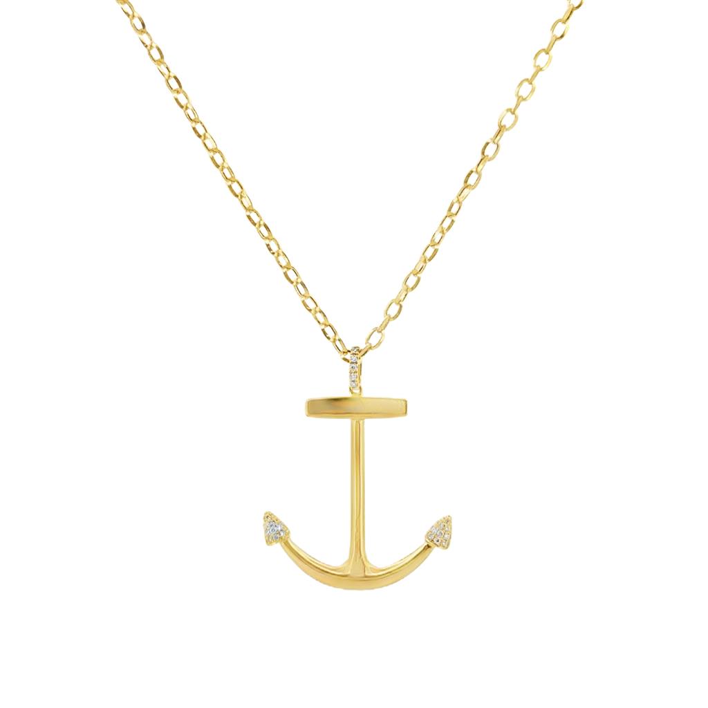 18K Yellow Gold Anchor Pendant with 0.17 CTW Diamonds on Oval Link Chain