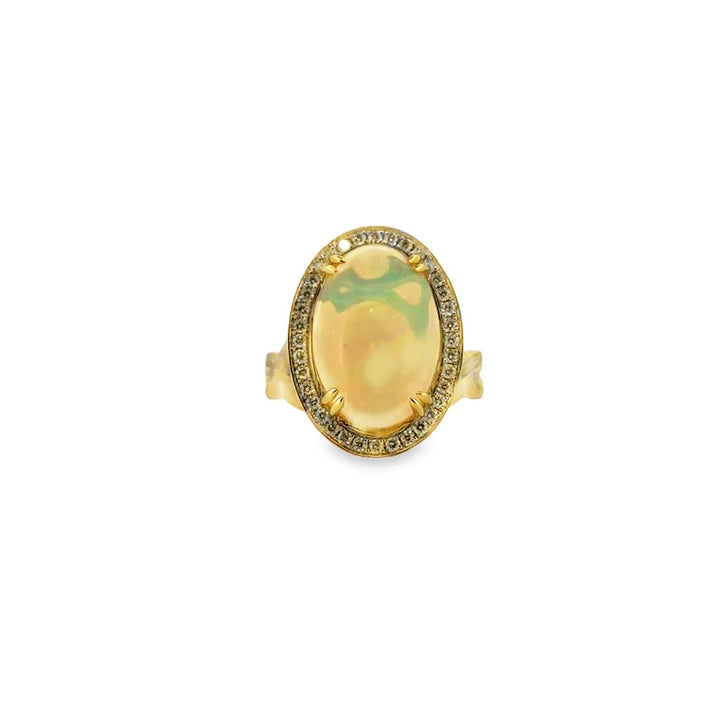 18K Yellow Gold Opal Ring with Diamond Halo - 0.75 CTW