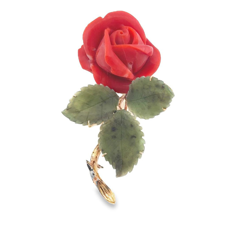 14K Yellow Gold Brooch with Jade Leaves and Red Coral Rose