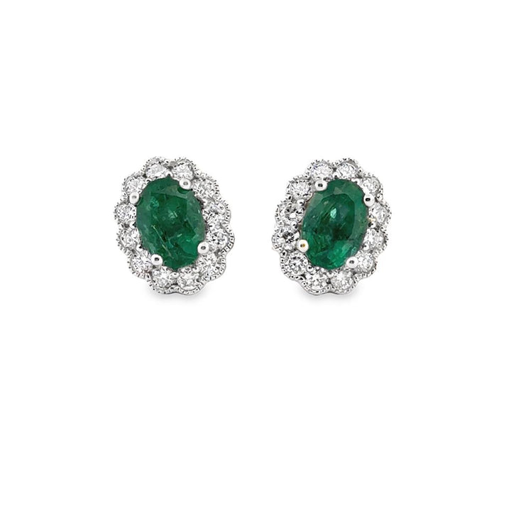 2.12 CTW Oval Cut Emerald 18K White Gold Stud Earrings with Diamond Halo