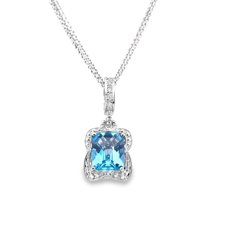 Blue Topaz Pendant Necklace with Triple Chain, 14K White Gold