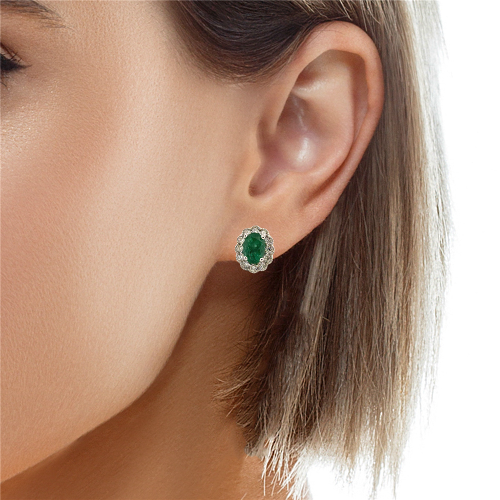 2.12 CTW Oval Cut Emerald 18K White Gold Stud Earrings with Diamond Halo