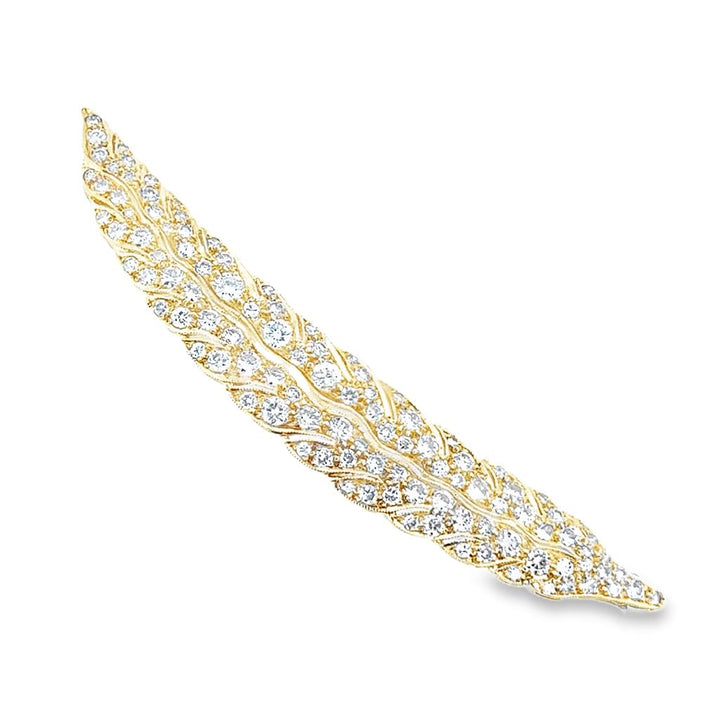 2.32 CTW Diamond Feather Design Brooch in 18K Yellow Gold, 3" Long