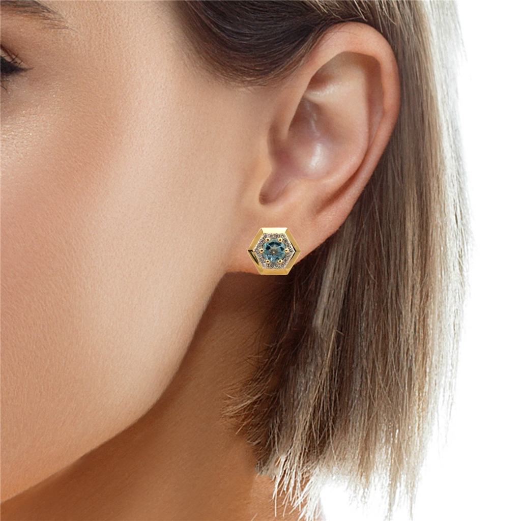 Hexagon Halo 14K Yellow Gold Blue Topaz and Diamond Stud Earrings