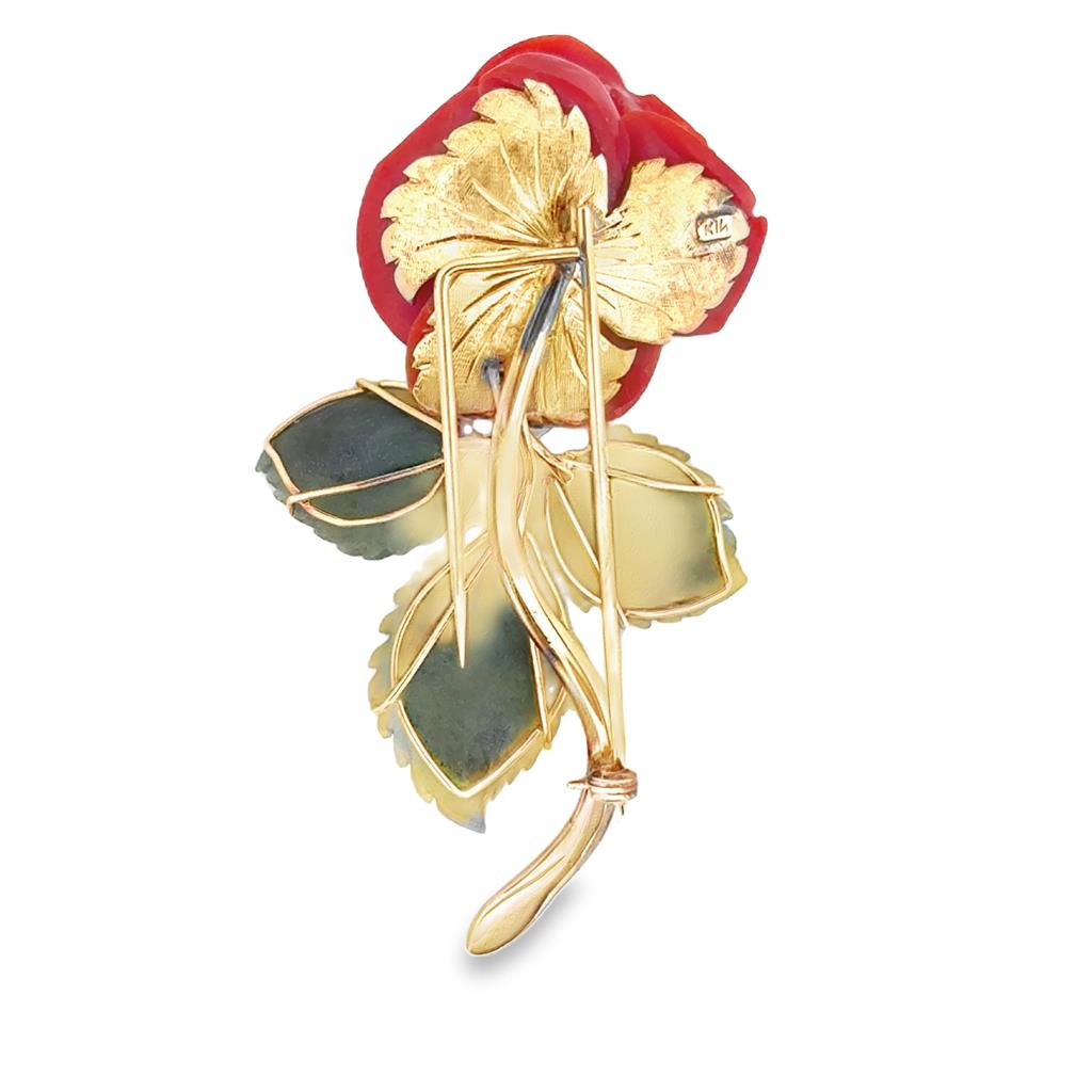 14K Yellow Gold Brooch with Jade Leaves and Red Coral Rose