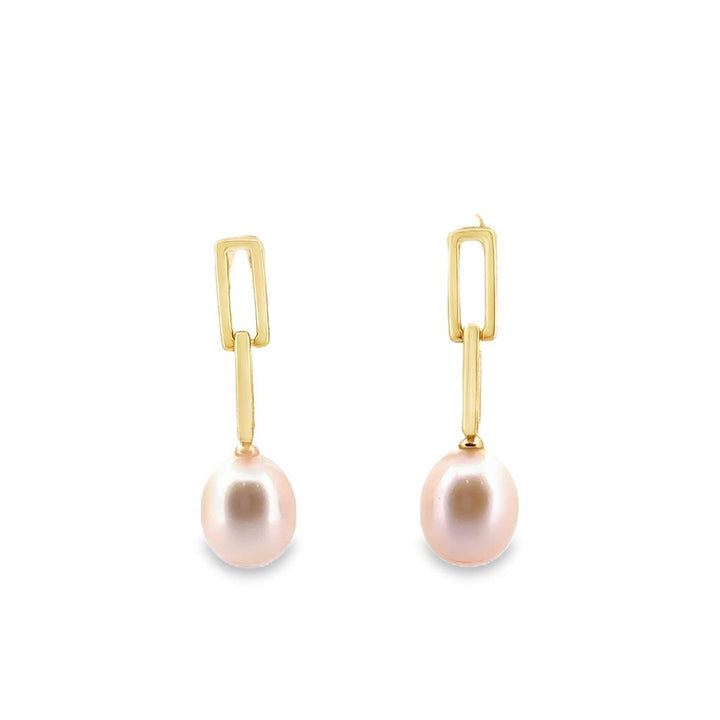 Pink Pearl Drop Earrings in 14K Yellow Gold