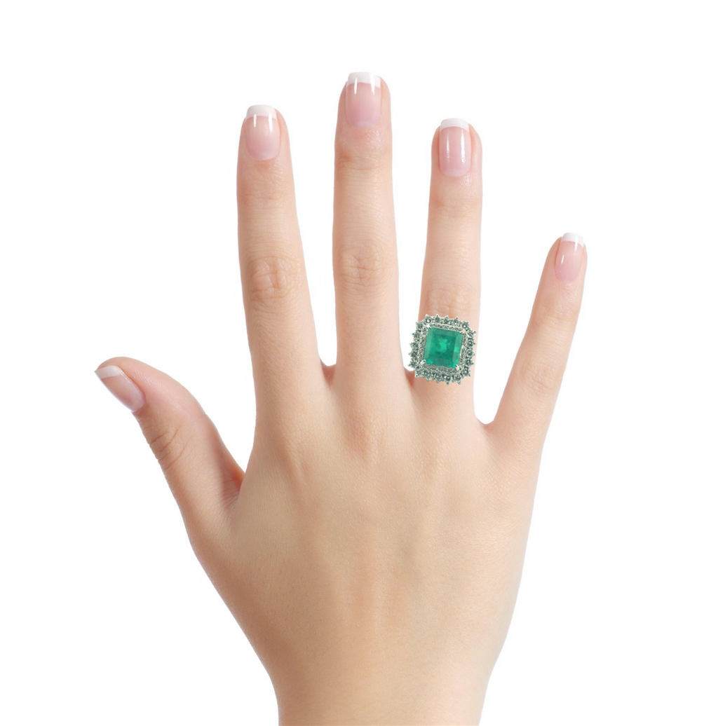 Emerald-Cut 9.80 CT Colombian Emerald and Diamond Double Halo Ring