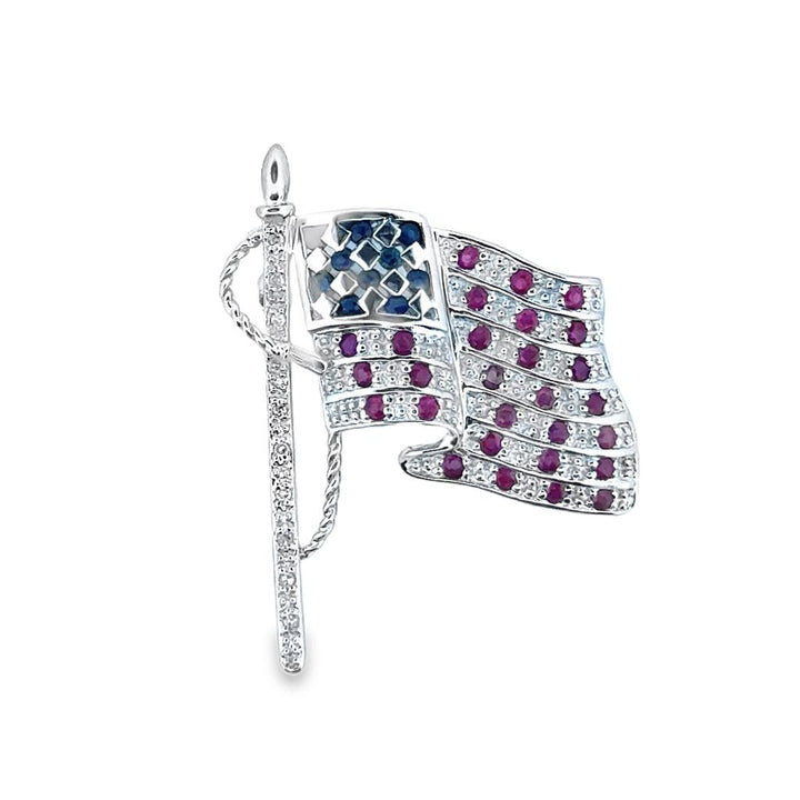 American Flag Pin with Rubies, Sapphires, and Diamonds in 14K White Gold