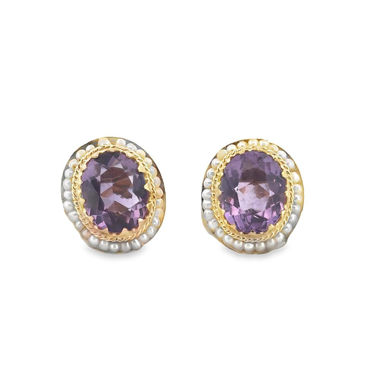 14K Yellow Gold Oval Amethyst and Seed Pearl Stud Earrings – 12.5mm x 15mm