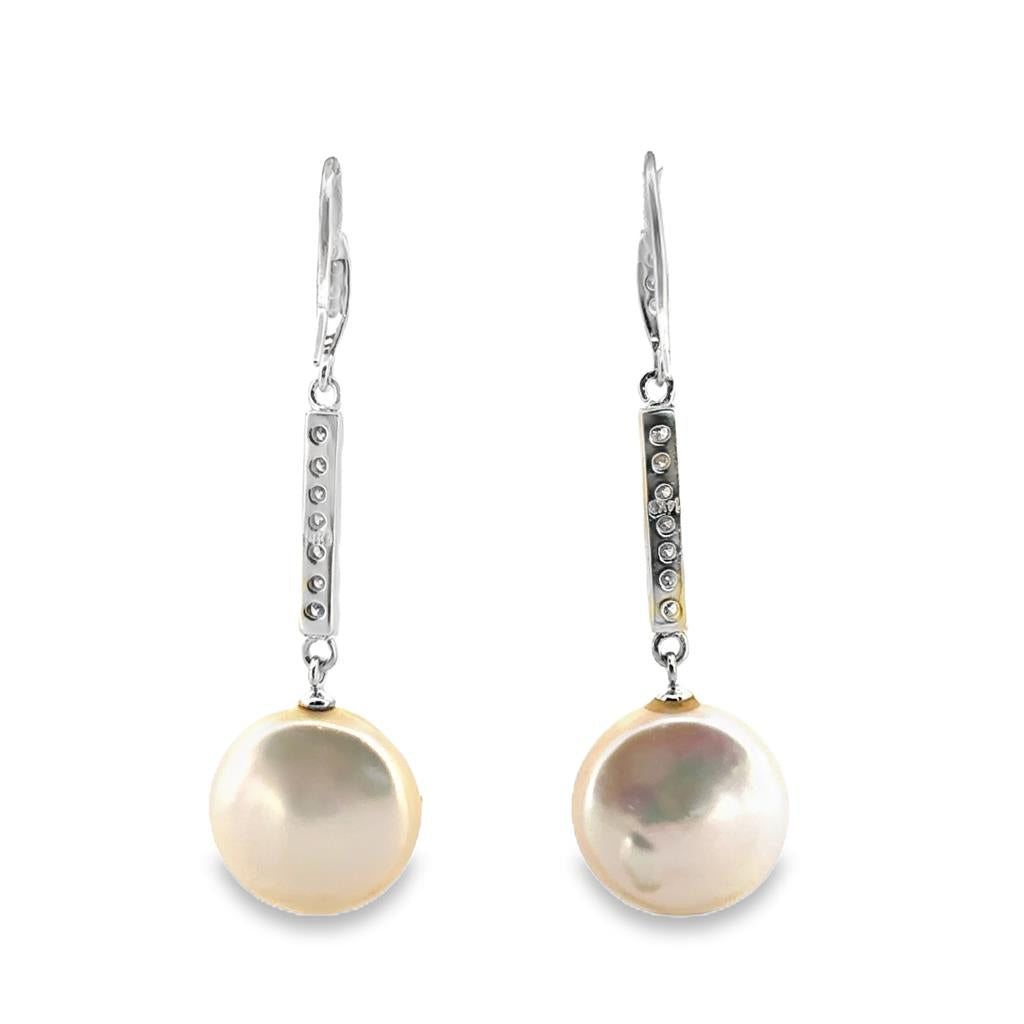 Button Pearl and 0.20 CTW Diamond 14K White Gold Drop Earrings