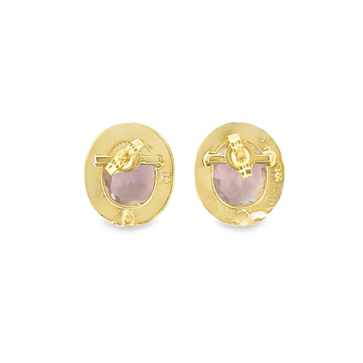 14K Yellow Gold Oval Amethyst and Seed Pearl Stud Earrings – 12.5mm x 15mm