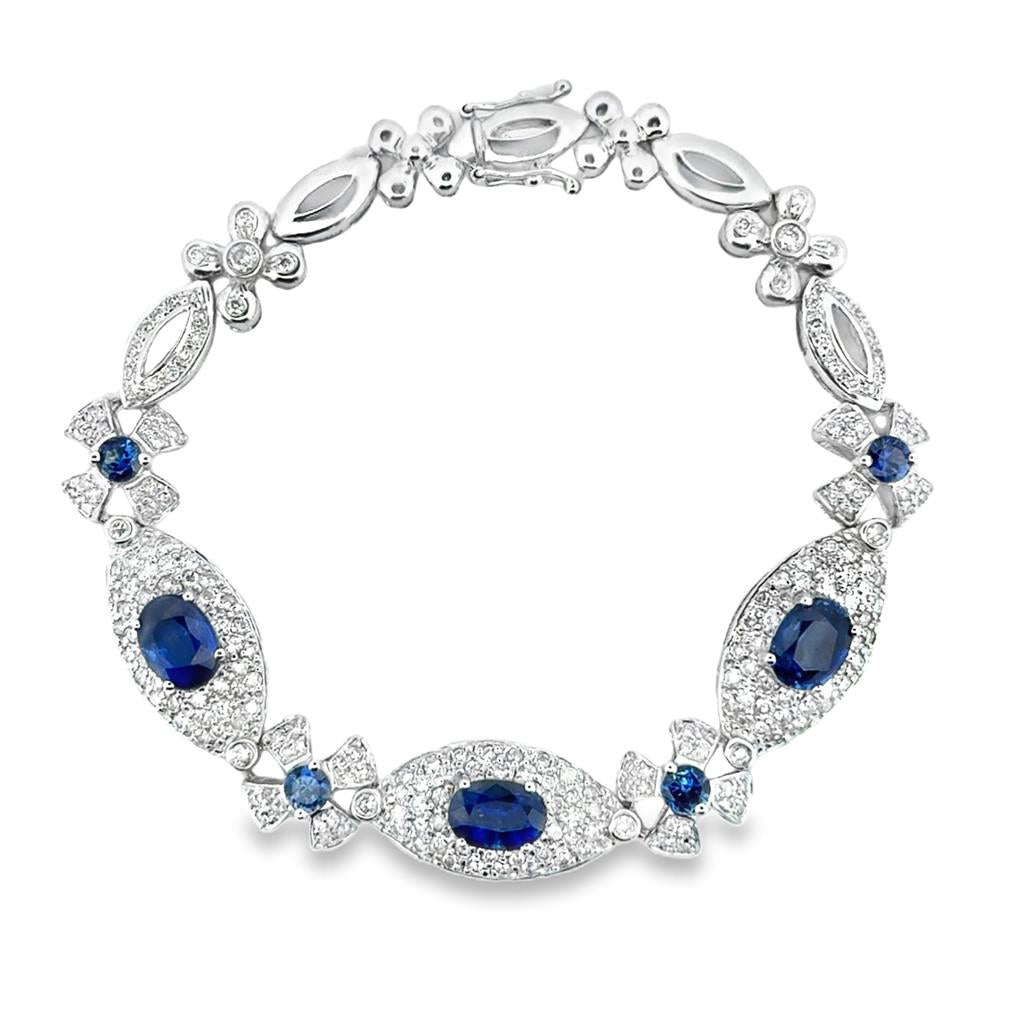 5.00 CTW Oval Sapphire and 1.95 CTW Diamond Floral Bracelet, 18K White Gold