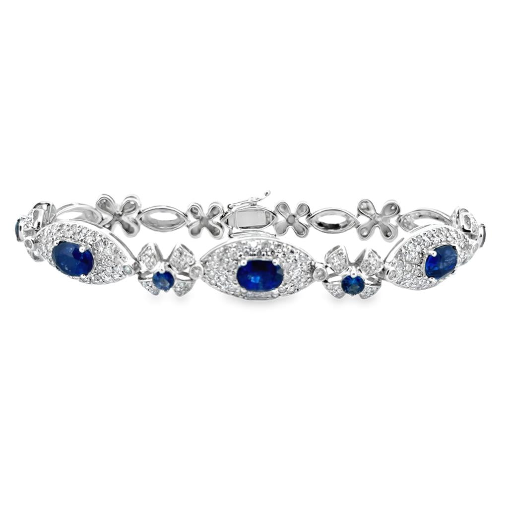 5.00 CTW Oval Sapphire and 1.95 CTW Diamond Floral Bracelet, 18K White Gold