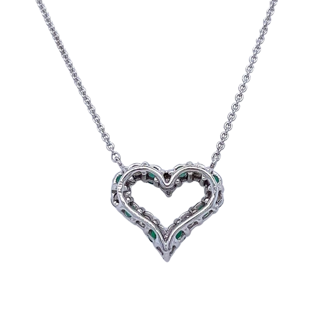 0.40 CTW Emerald and 0.32 CTW Round Brilliant Diamond 18K White Gold Heart Pendant Necklace