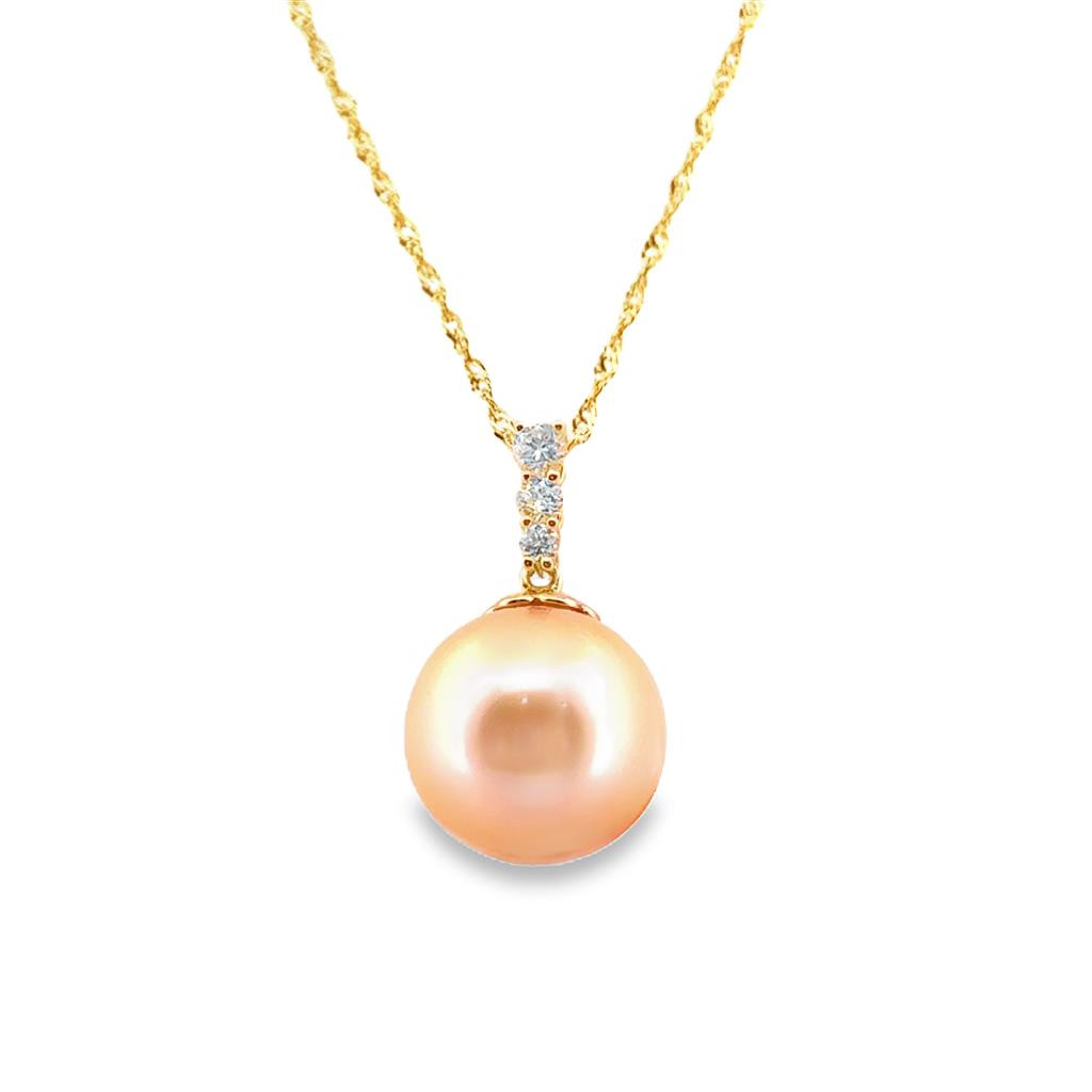 14K Yellow Gold Pendant with 11mm Peach-Colored Pearl and 0.12 CTW Diamonds