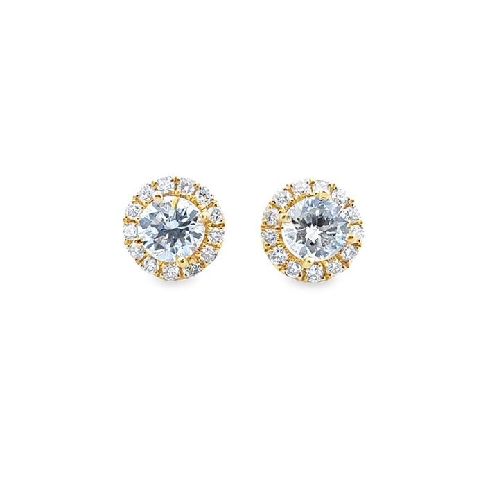 18K Yellow Gold Diamond Halo Earrings, 0.70 CTW Center Diamonds,