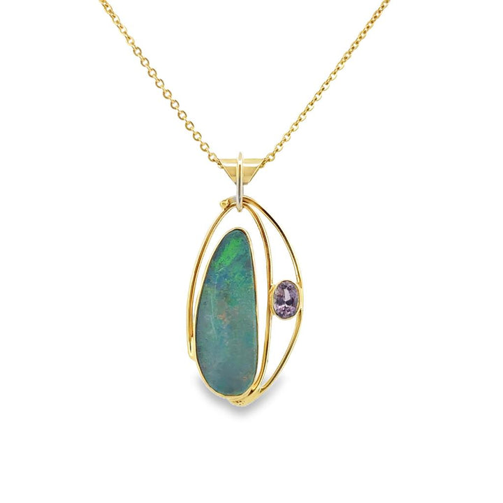 Opal & Amethyst Pendant Necklace 14K Yellow Gold