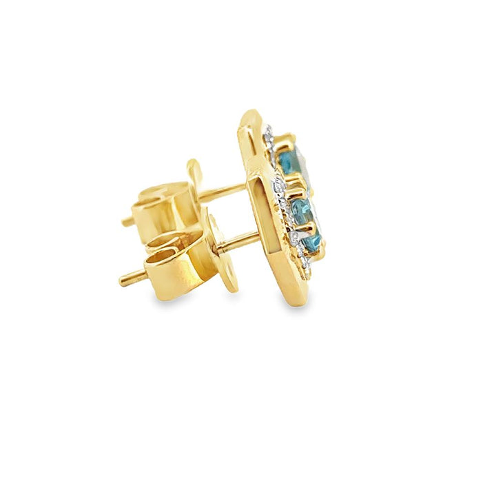 Hexagon Halo 14K Yellow Gold Blue Topaz and Diamond Stud Earrings