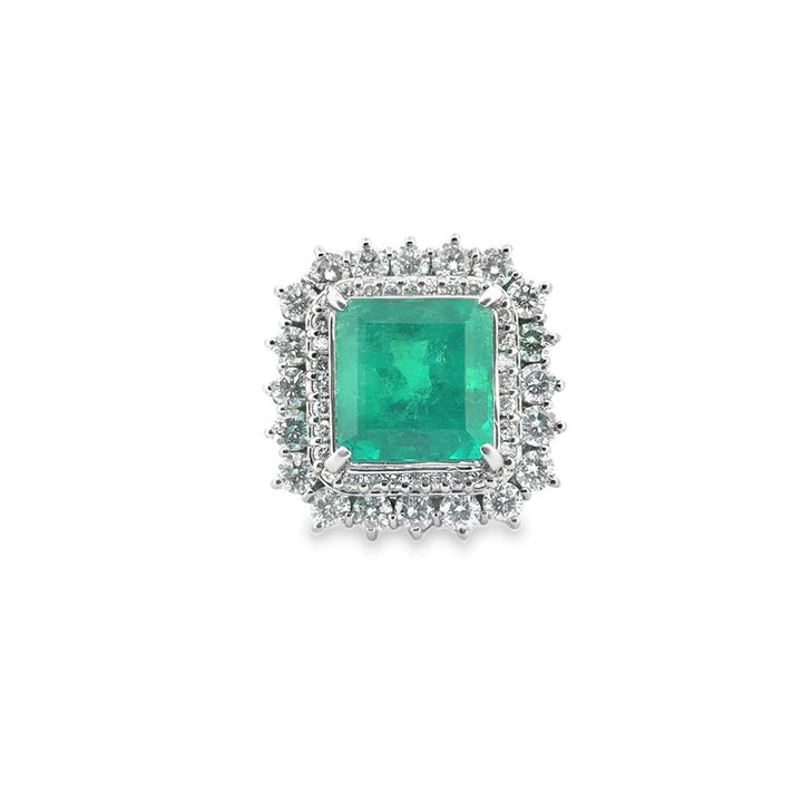 Emerald-Cut 9.80 CT Colombian Emerald and Diamond Double Halo Ring