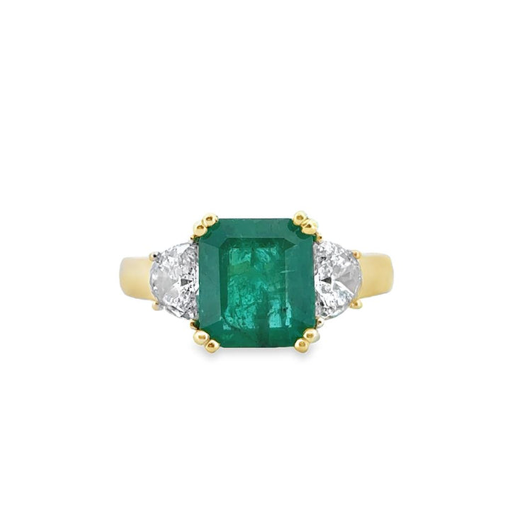 2.70 CT Emerald & 0.90 CTW Diamond Half Moon Ring in 18K Yellow Gold