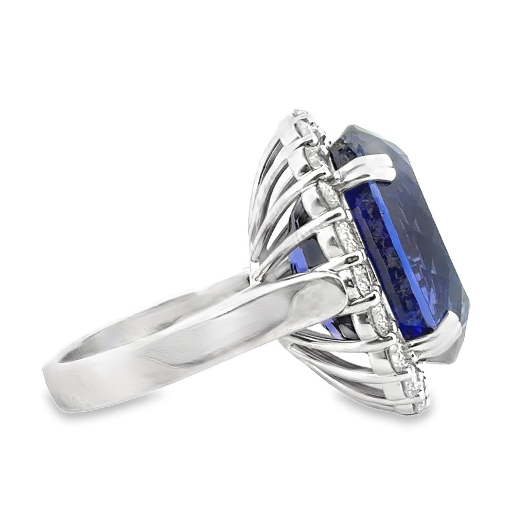 28.50 CT Oval Tanzanite & 2.22 CTW Diamond Ring 18K White Gold