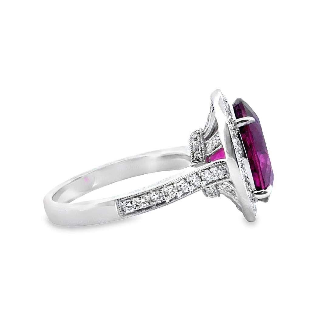 5.02 CT Rubellite Tourmaline Oval Ring with 0.66 CTW Round Diamond Halo and Shank