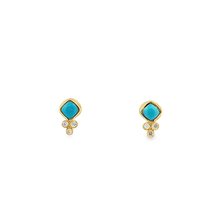 14K Yellow Gold Turquoise and Diamond Stud Earrings