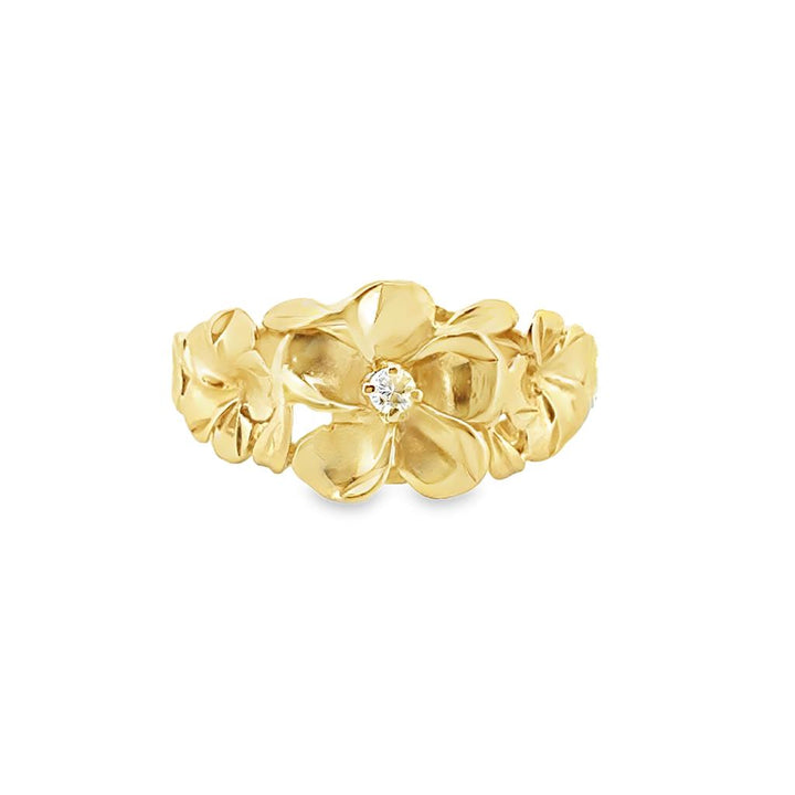 0.03 CT Diamond Plumeria Flower Ring 14K Yellow Gold