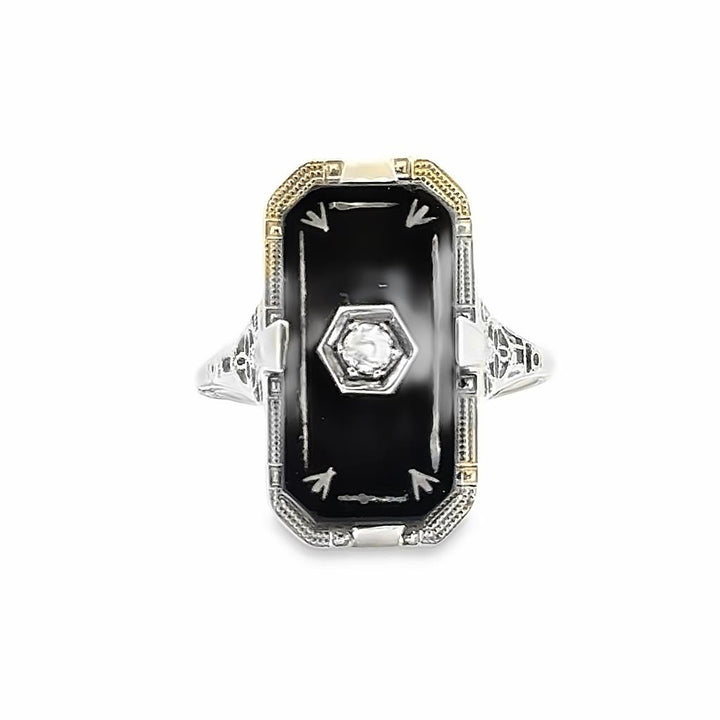 Vintage Onyx and Diamond Ring in 14K White Gold