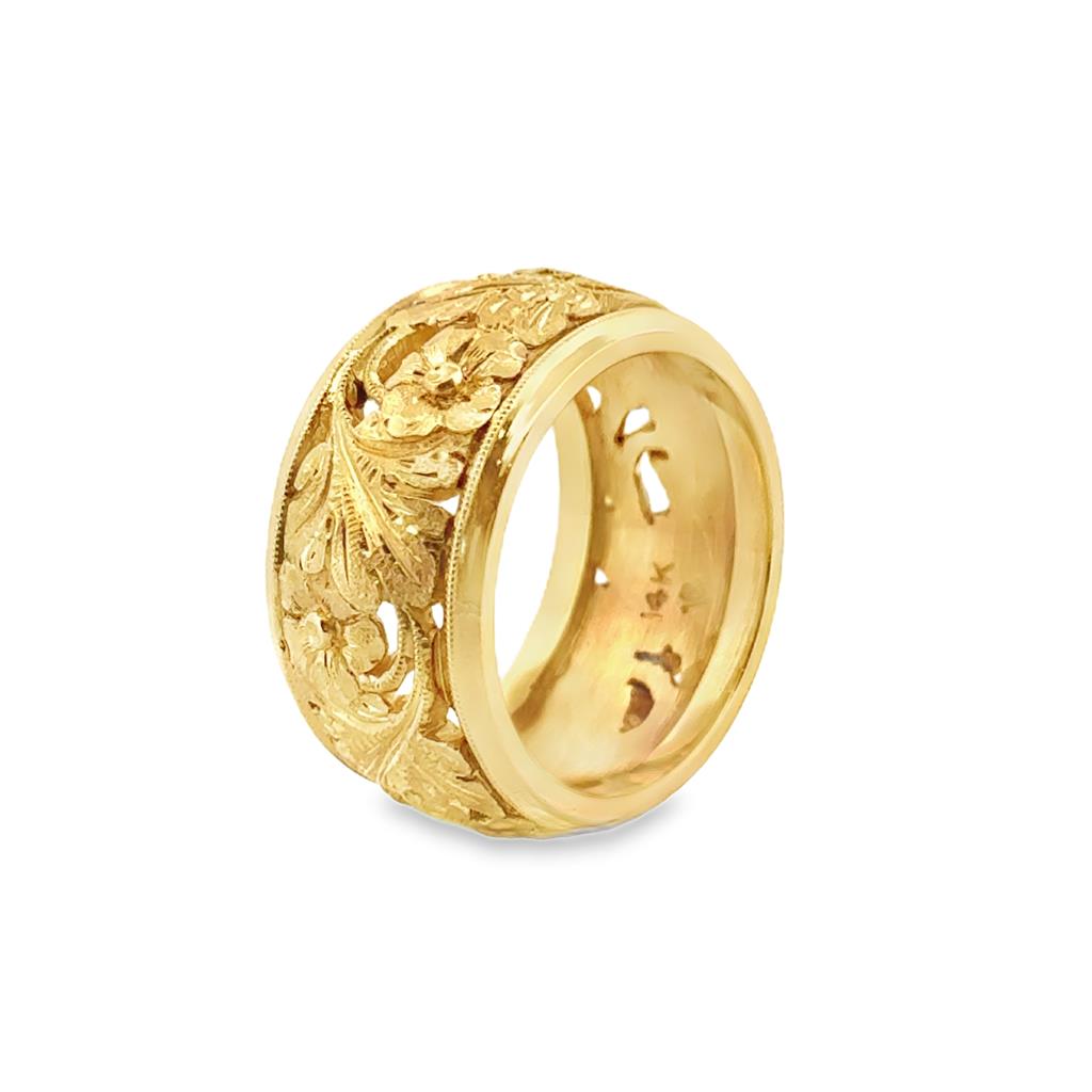 14K Yellow Gold Ornate Wide Band Ring with Leaf and Flower Details, 11mm Wide