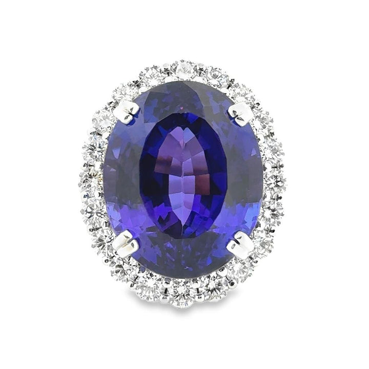 28.50 CT Oval Tanzanite & 2.22 CTW Diamond Ring 18K White Gold